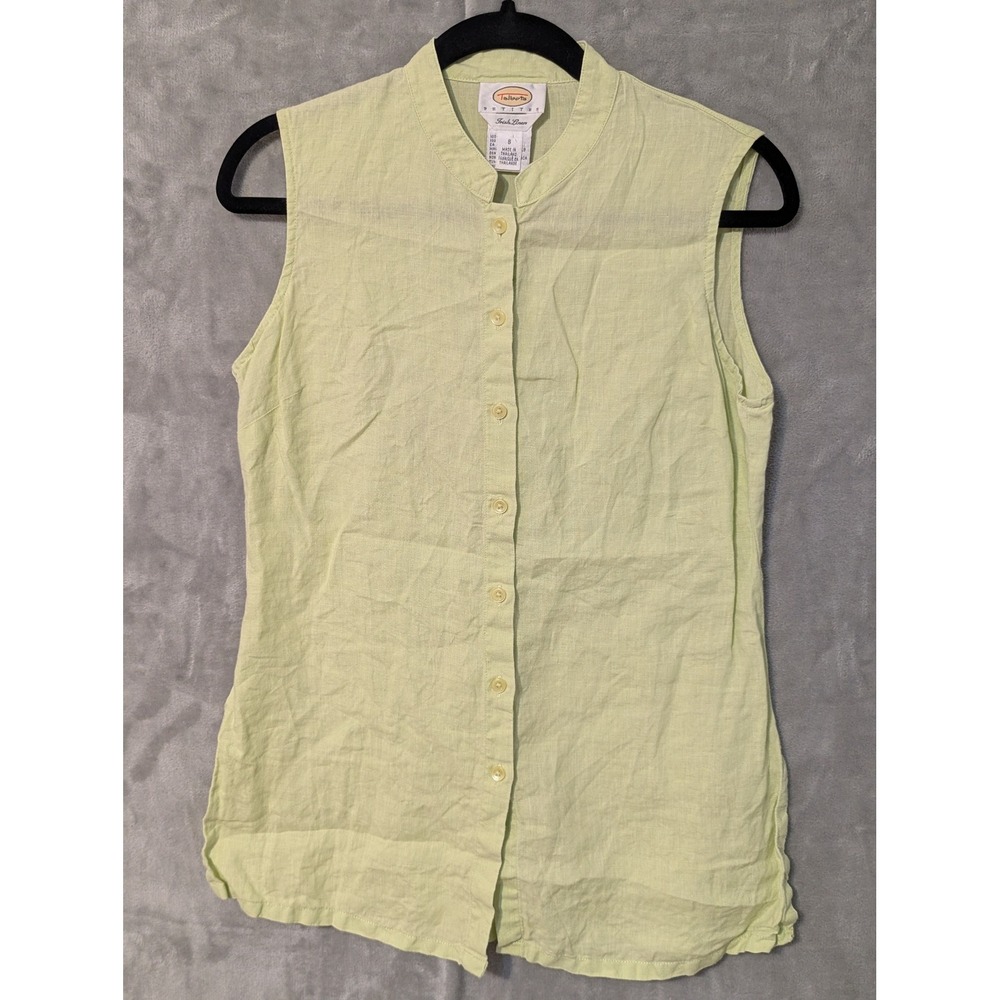 Talbots Irish Linen Top Womens Petite S Lime Green Sleeveless Mandarin Collar